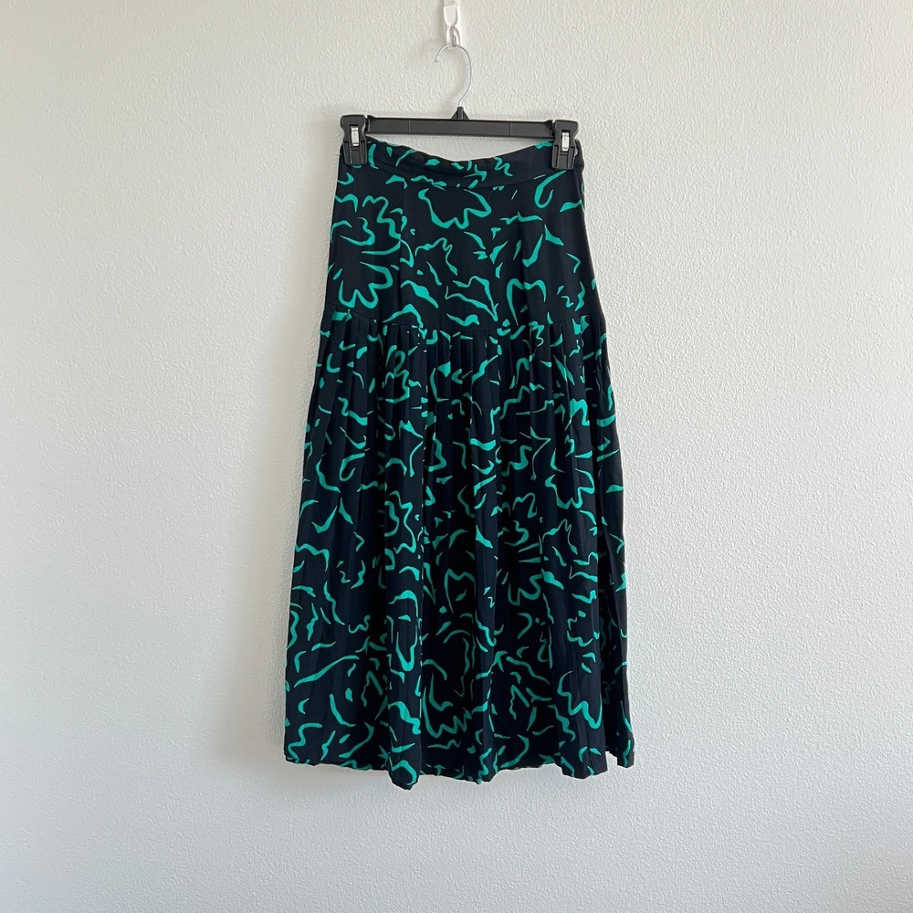 Vintage Abstract Leger Black/Green Drop Waist Midi Skirt 5/6 Maximalist Art Deco